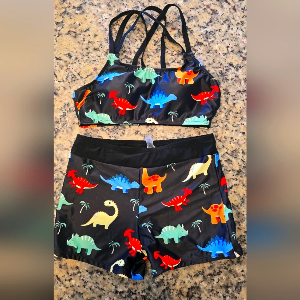 Black With Colorful Dinosaur Print Bikini Set